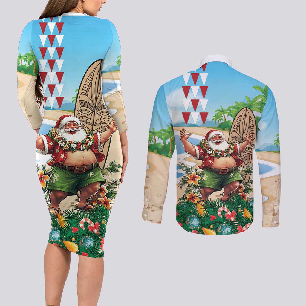 Hawaii Christmas Santa Claus Couples Matching Long Sleeve Bodycon Dress and Long Sleeve Button Shirt Mele Kalikimaka Tropical Beach