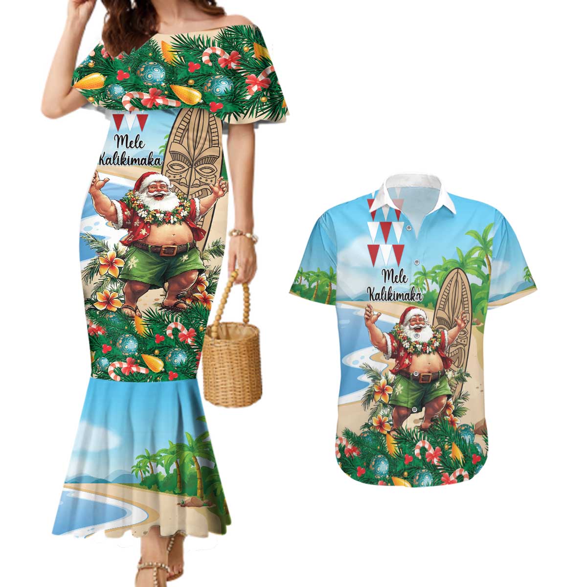 Hawaii Christmas Santa Claus Couples Matching Mermaid Dress and Hawaiian Shirt Mele Kalikimaka Tropical Beach LT01 Art - Polynesian Pride