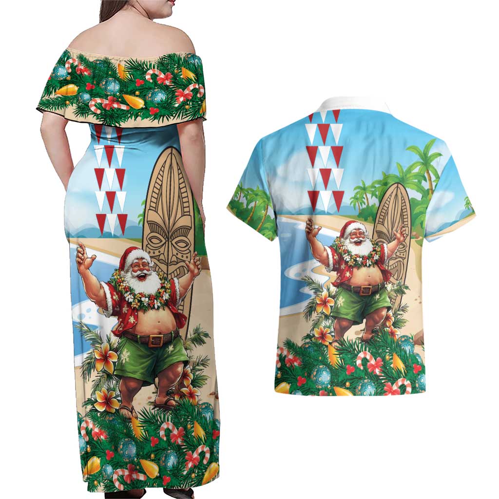 Hawaii Christmas Santa Claus Couples Matching Off Shoulder Maxi Dress and Hawaiian Shirt Mele Kalikimaka Tropical Beach LT01 - Polynesian Pride
