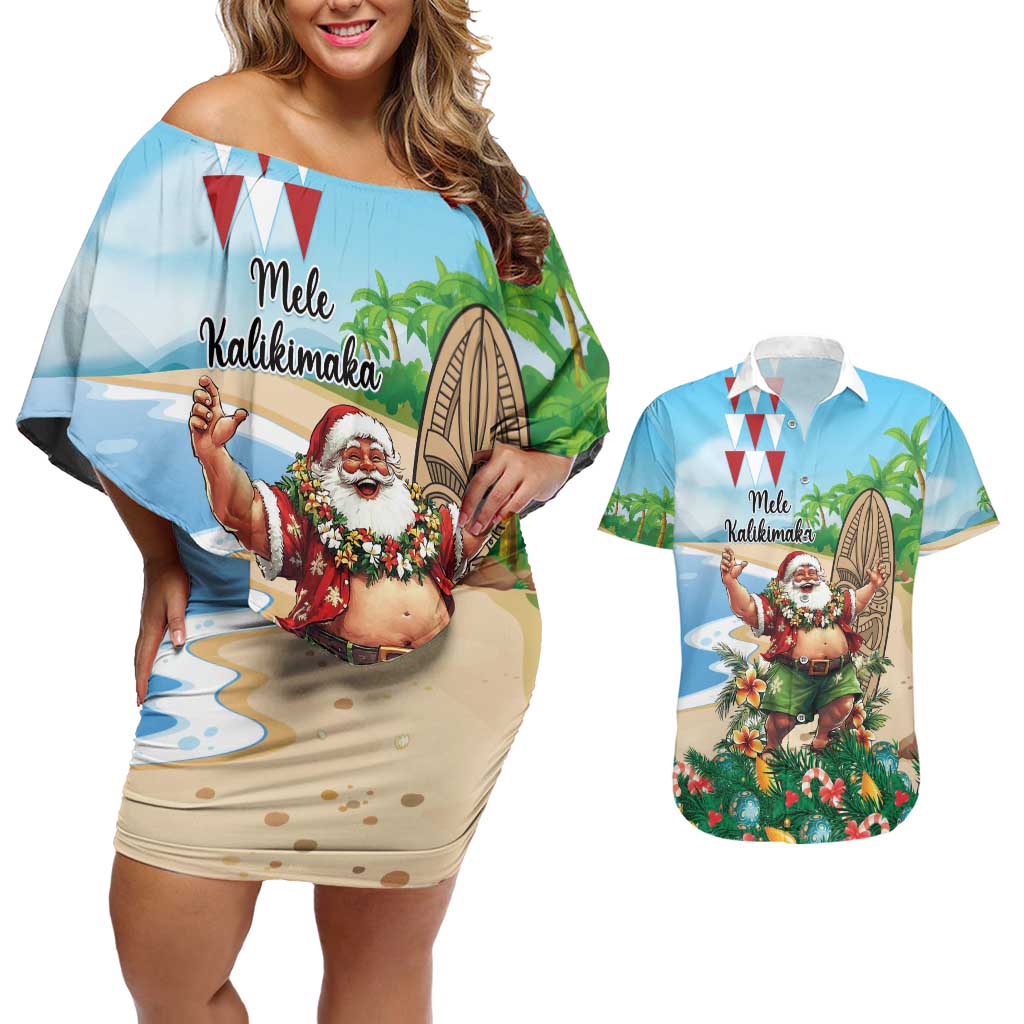Hawaii Christmas Santa Claus Couples Matching Off Shoulder Short Dress and Hawaiian Shirt Mele Kalikimaka Tropical Beach LT01 Art - Polynesian Pride
