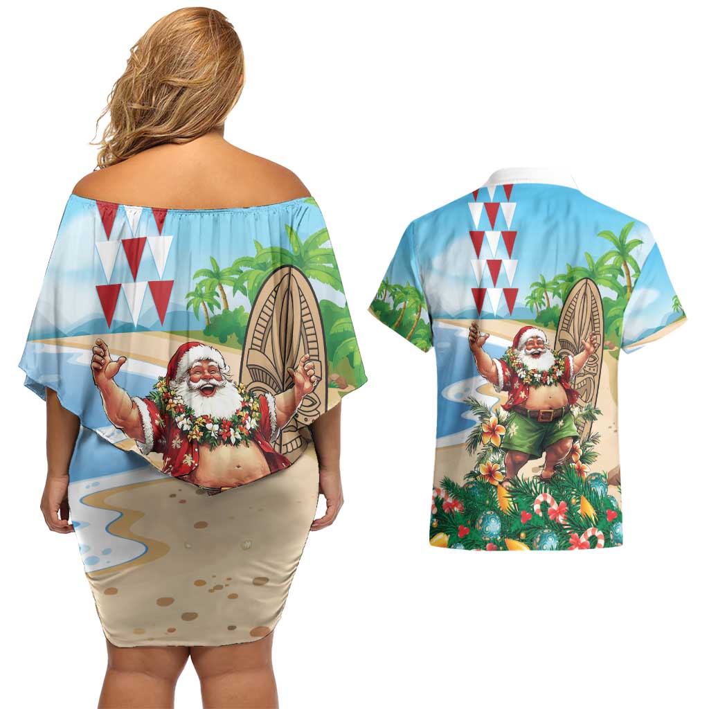 Hawaii Christmas Santa Claus Couples Matching Off Shoulder Short Dress and Hawaiian Shirt Mele Kalikimaka Tropical Beach LT01 - Polynesian Pride