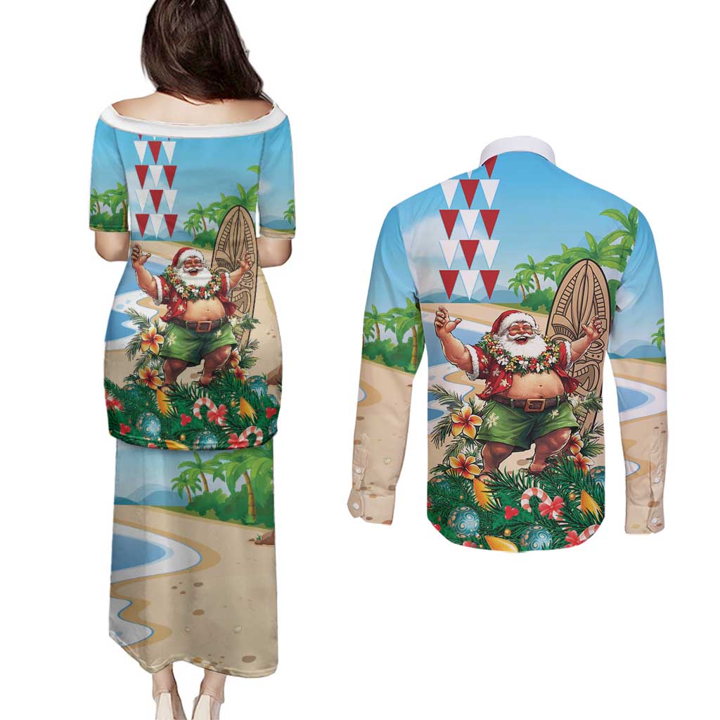 Hawaii Christmas Santa Claus Couples Matching Puletasi and Long Sleeve Button Shirt Mele Kalikimaka Tropical Beach