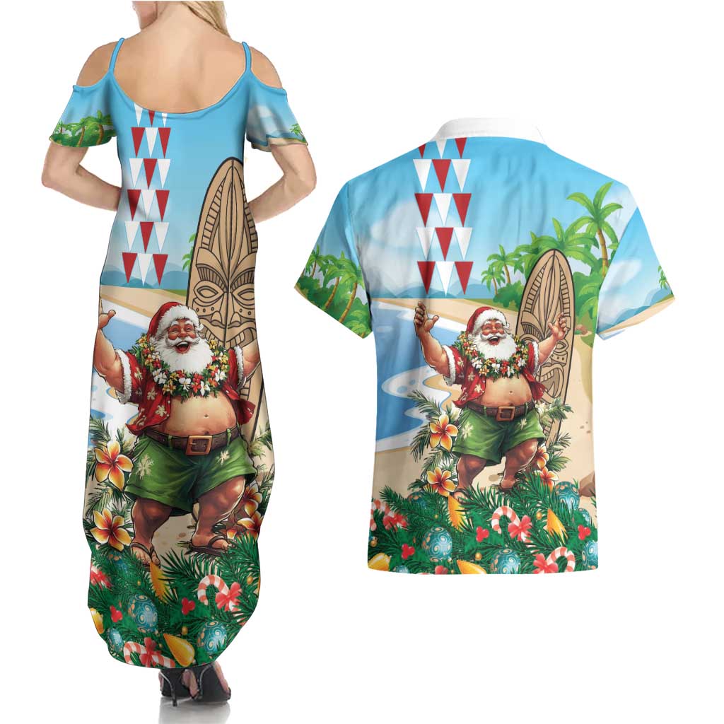 Hawaii Christmas Santa Claus Couples Matching Summer Maxi Dress and Hawaiian Shirt Mele Kalikimaka Tropical Beach