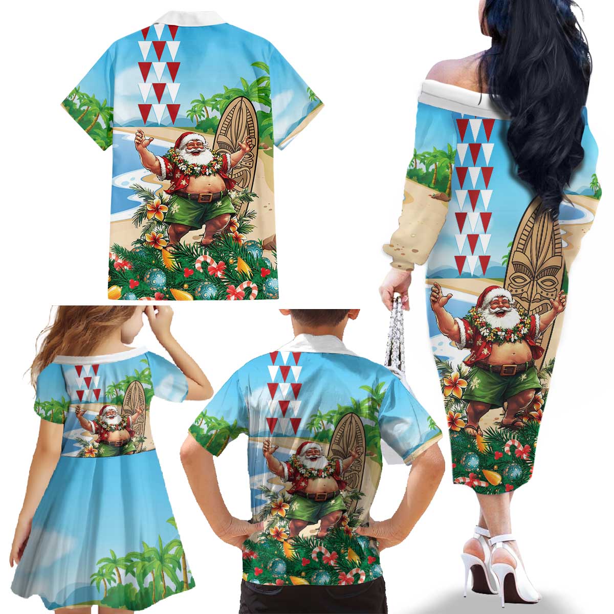 Hawaii Christmas Santa Claus Family Matching Off The Shoulder Long Sleeve Dress and Hawaiian Shirt Mele Kalikimaka Tropical Beach LT01 - Polynesian Pride