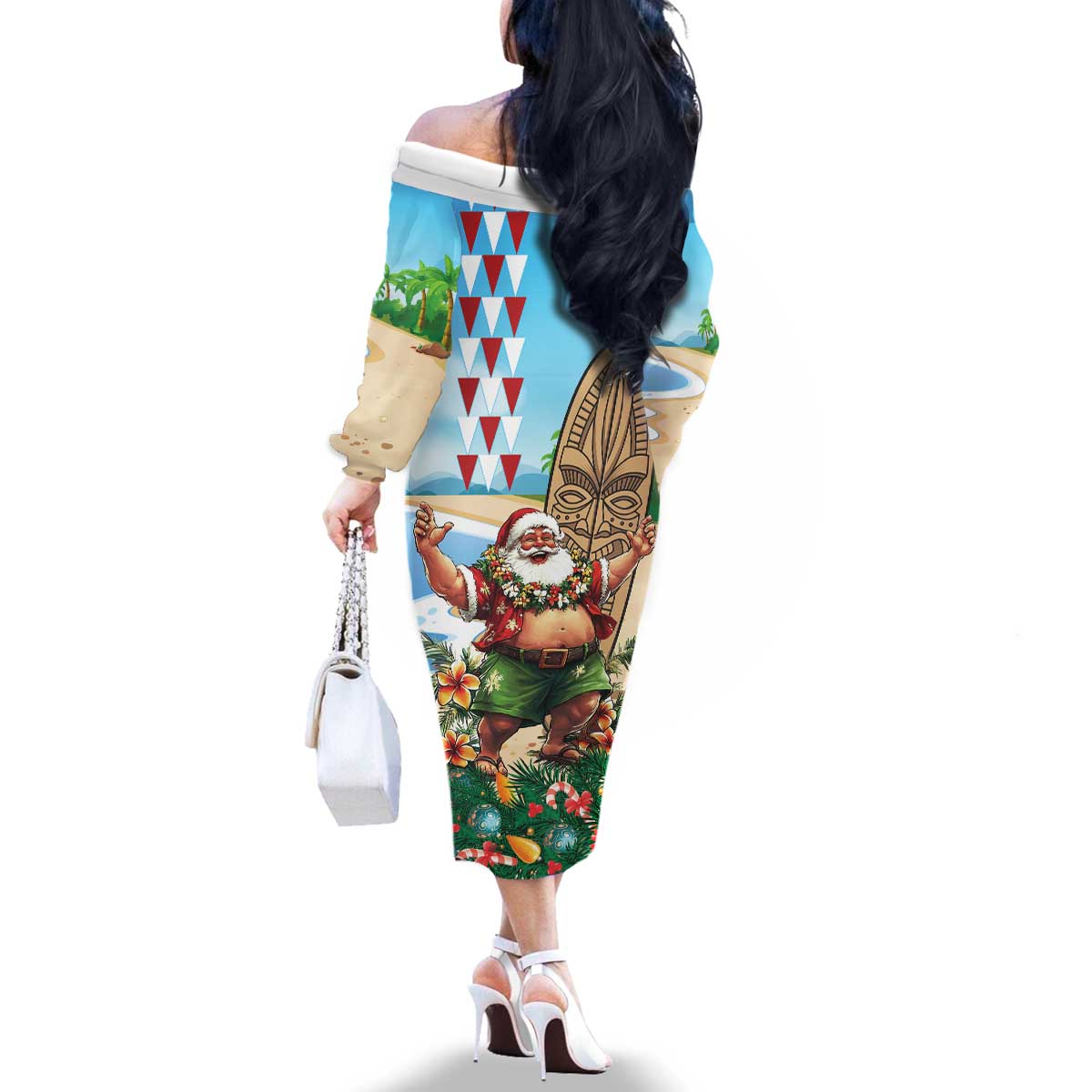 Hawaii Christmas Santa Claus Family Matching Off The Shoulder Long Sleeve Dress and Hawaiian Shirt Mele Kalikimaka Tropical Beach LT01 - Polynesian Pride