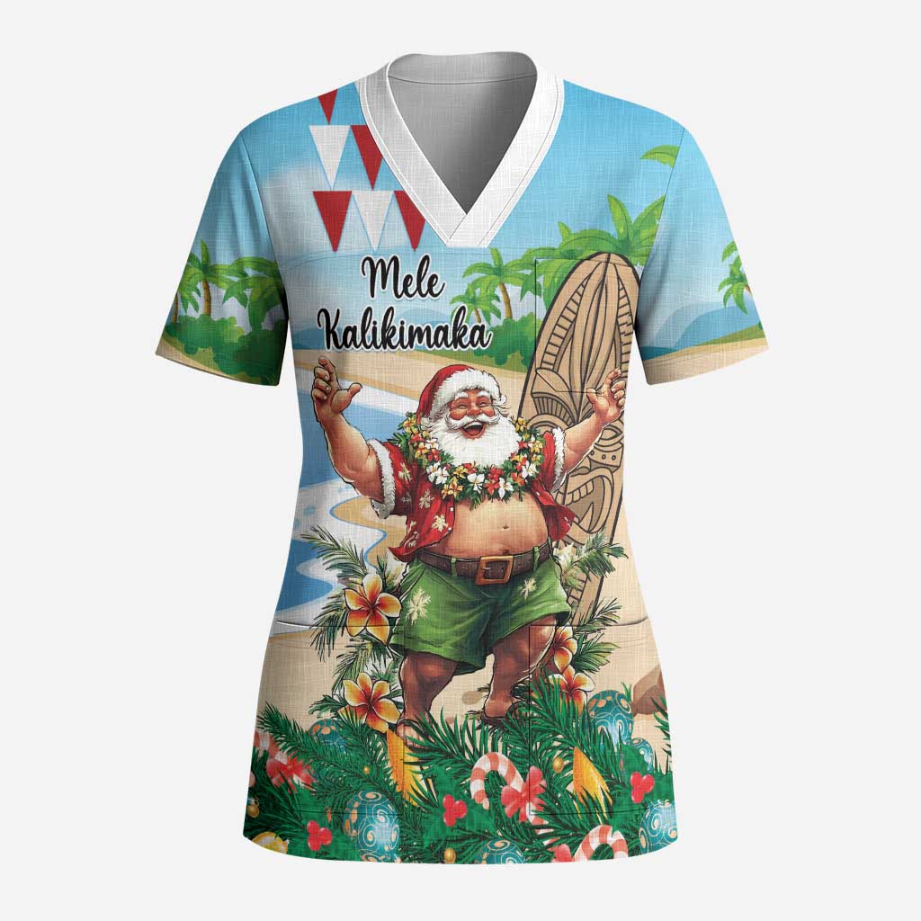 Hawaii Christmas Santa Claus Scrub Top Mele Kalikimaka Tropical Beach LT01 Adult Art - Polynesian Pride