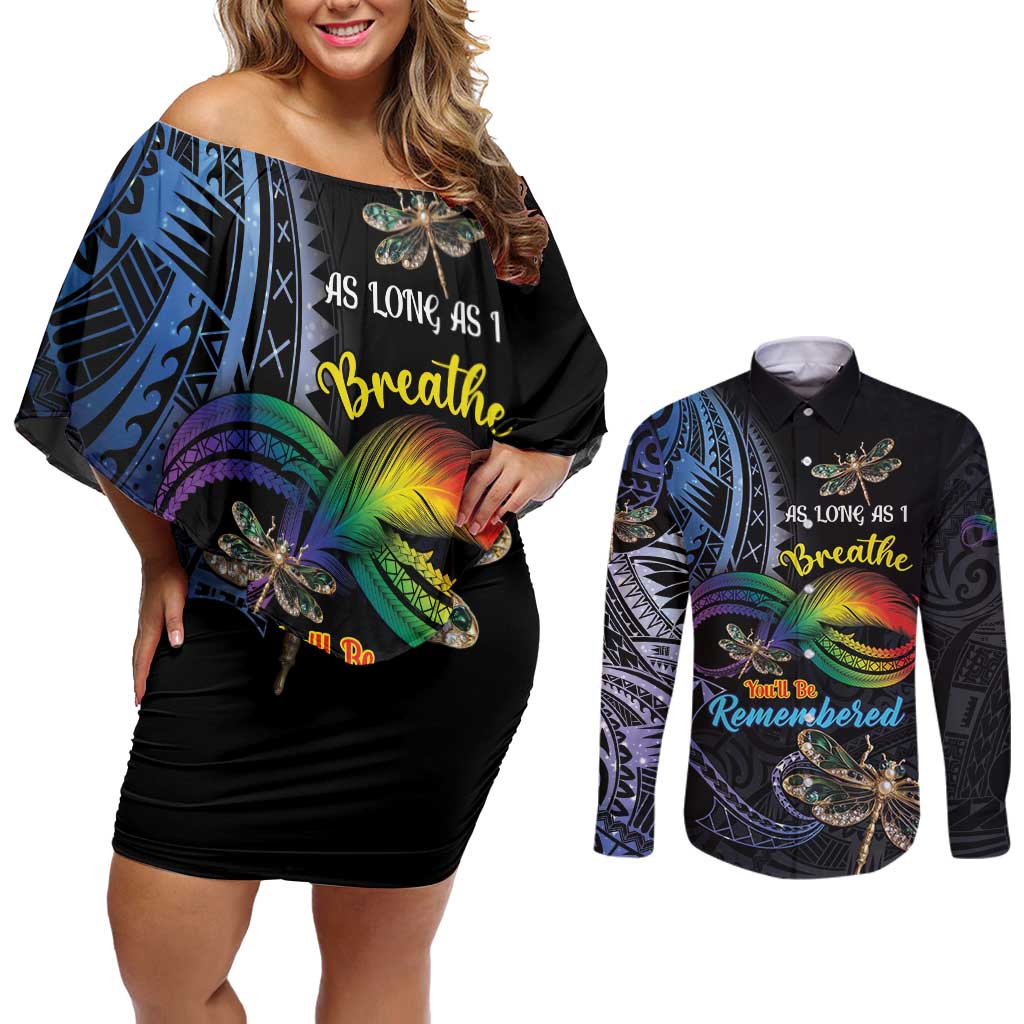 Personalised Polynesian Memorial Couples Matching Off Shoulder Short Dress and Long Sleeve Button Shirt As Long As I Breathe You'll Be Remembered