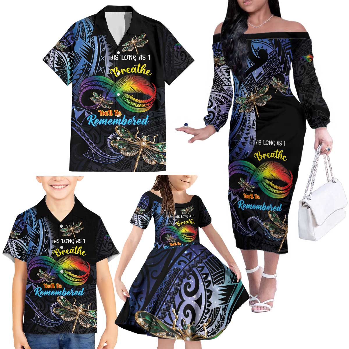 Personalised Polynesian Memorial Family Matching Off The Shoulder Long Sleeve Dress and Hawaiian Shirt As Long As I Breathe You'll Be Remembered LT01 - Polynesian Pride