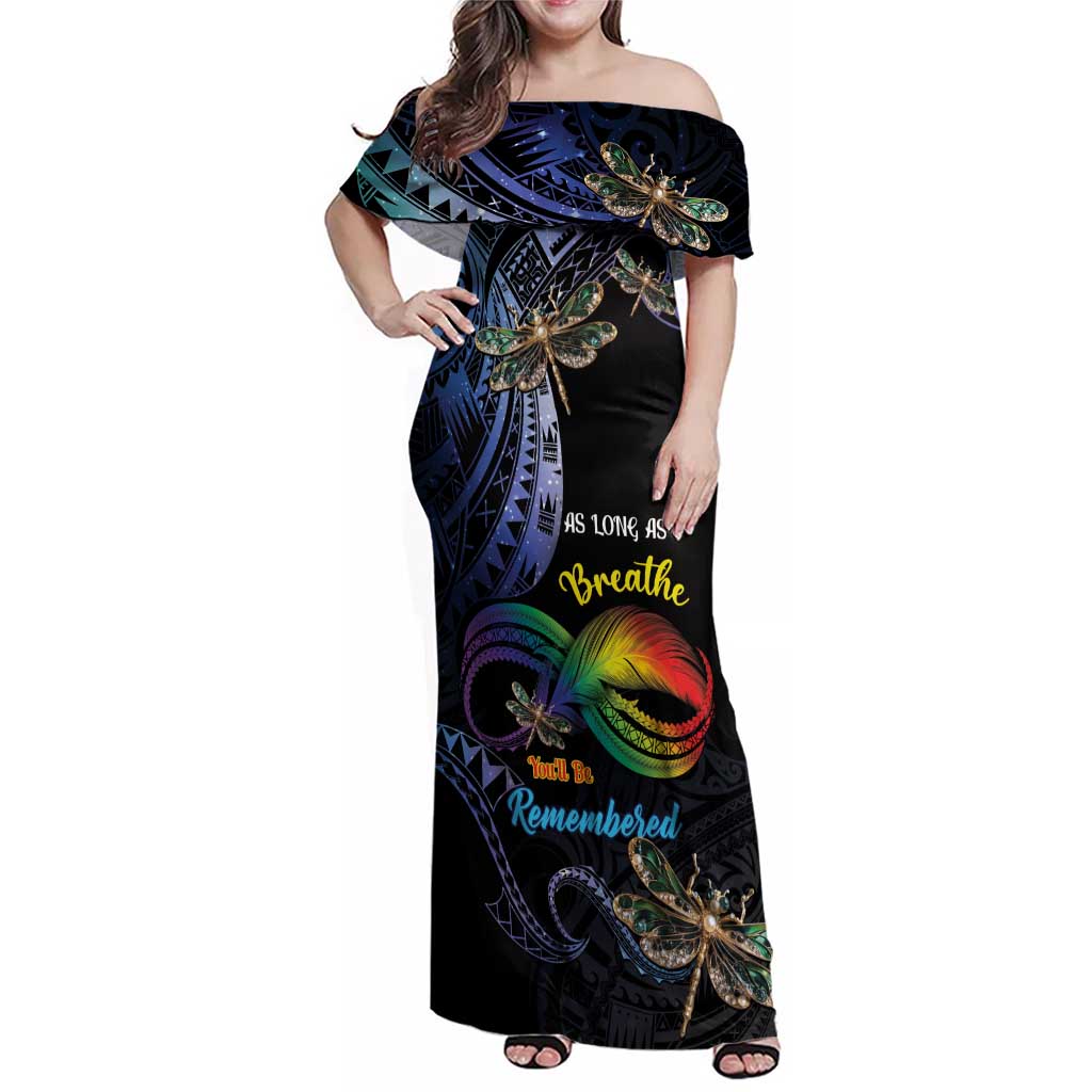 Personalised Polynesian Memorial Family Matching Off Shoulder Maxi Dress and Hawaiian Shirt As Long As I Breathe You'll Be Remembered LT01 Mom's Dress Colorful - Polynesian Pride