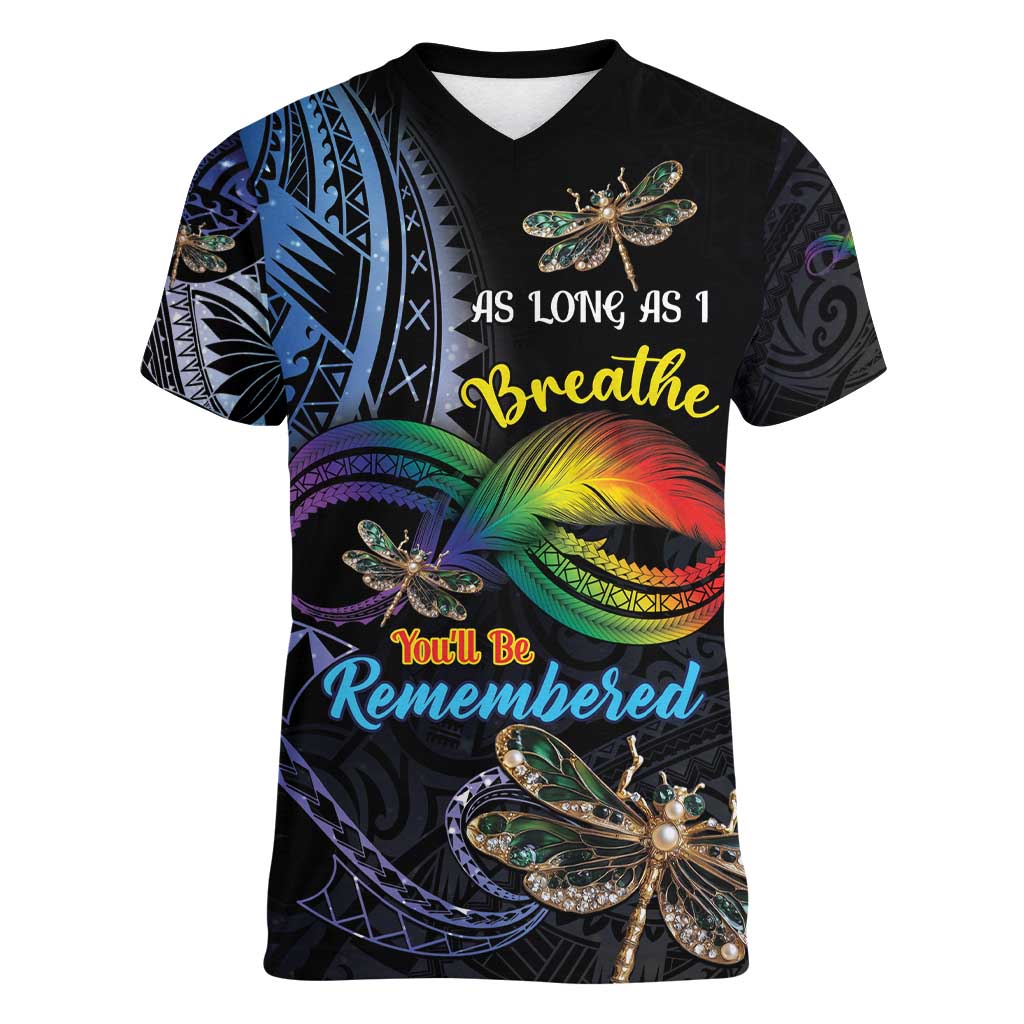 Personalised Polynesian Memorial Women V-Neck T-Shirt As Long As I Breathe You'll Be Remembered