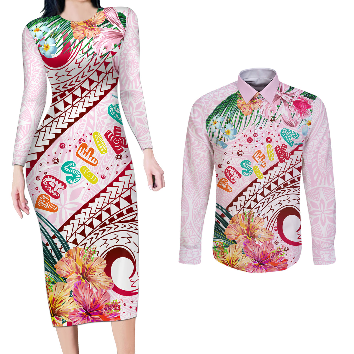 Pasifika Festival Couples Matching Long Sleeve Bodycon Dress and Long Sleeve Button Shirt Tribal Pattern Tropical Style LT01 Pink - Polynesian Pride