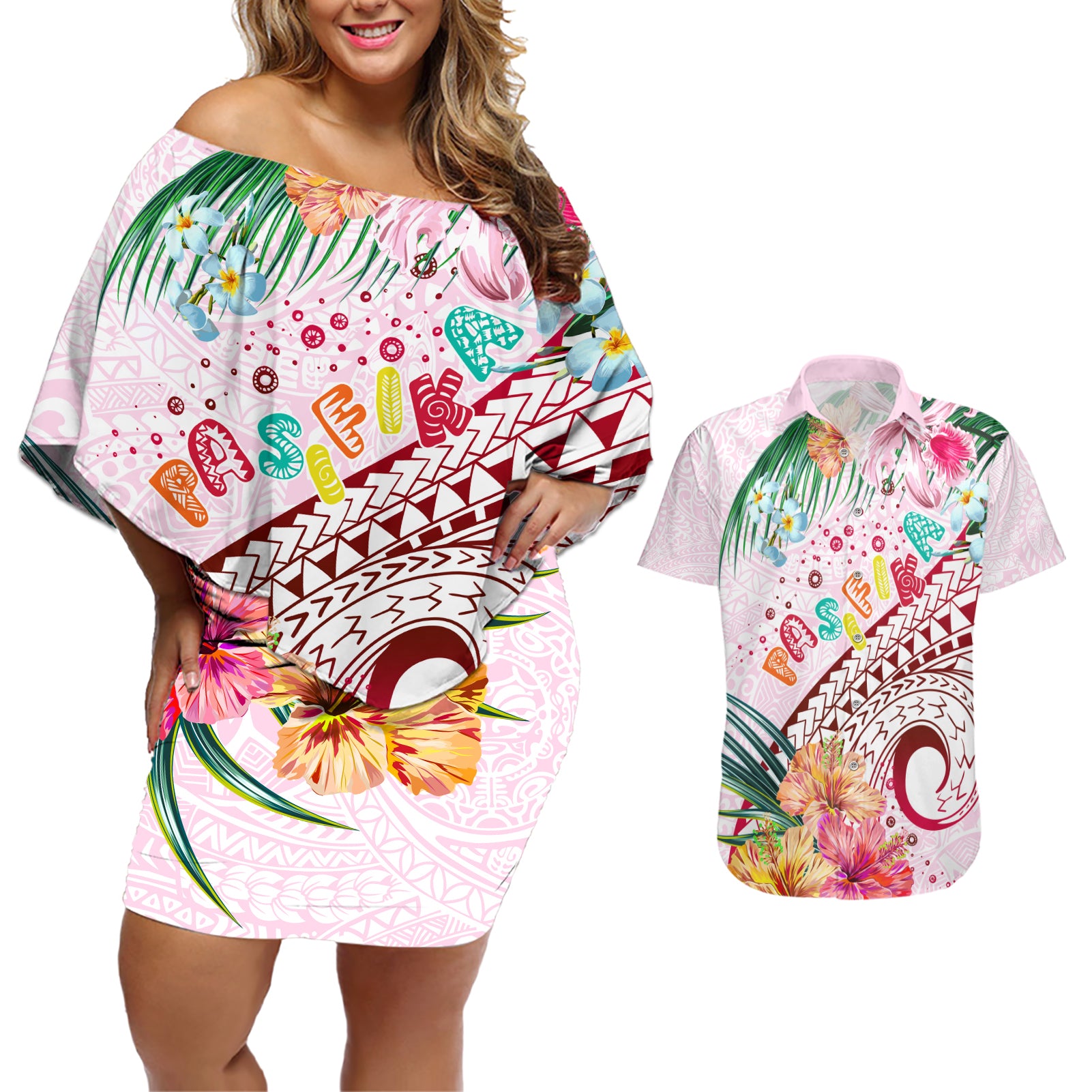 Pasifika Festival Couples Matching Off Shoulder Short Dress and Hawaiian Shirt Tribal Pattern Tropical Style LT01 Pink - Polynesian Pride
