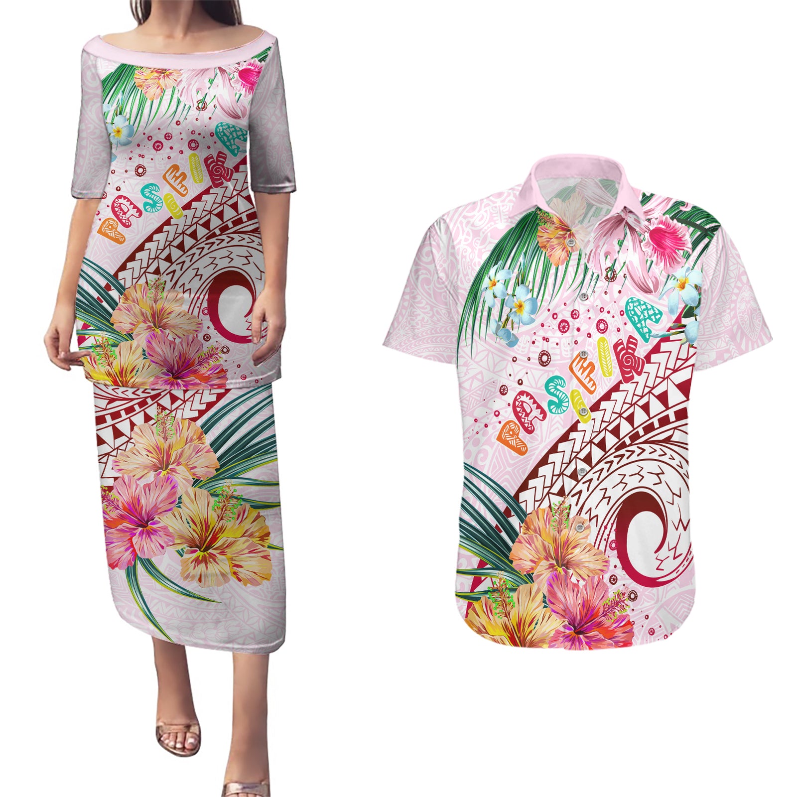 Pasifika Festival Couples Matching Puletasi and Hawaiian Shirt Tribal Pattern Tropical Style LT01 Pink - Polynesian Pride