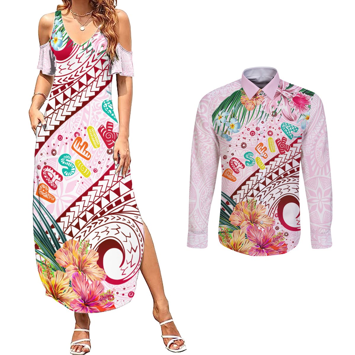 Pasifika Festival Couples Matching Summer Maxi Dress and Long Sleeve Button Shirt Tribal Pattern Tropical Style LT01 Pink - Polynesian Pride