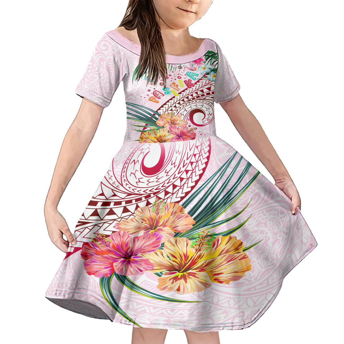Pasifika Festival Kid Short Sleeve Dress Tribal Pattern Tropical Style LT01 KID Pink - Polynesian Pride