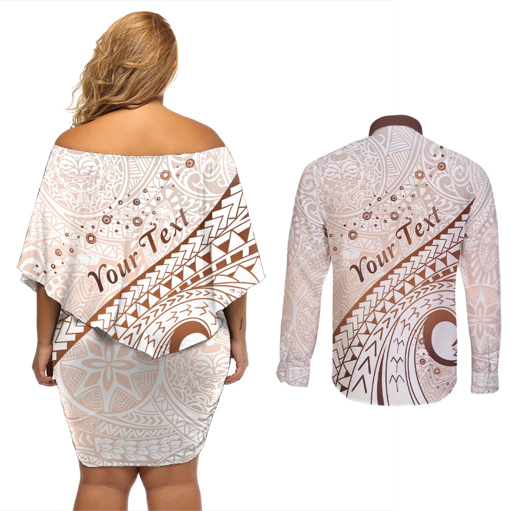 Pasifika Festival Couples Matching Off Shoulder Short Dress and Long Sleeve Button Shirt Vintage Tribal Pattern LT01 - Polynesian Pride