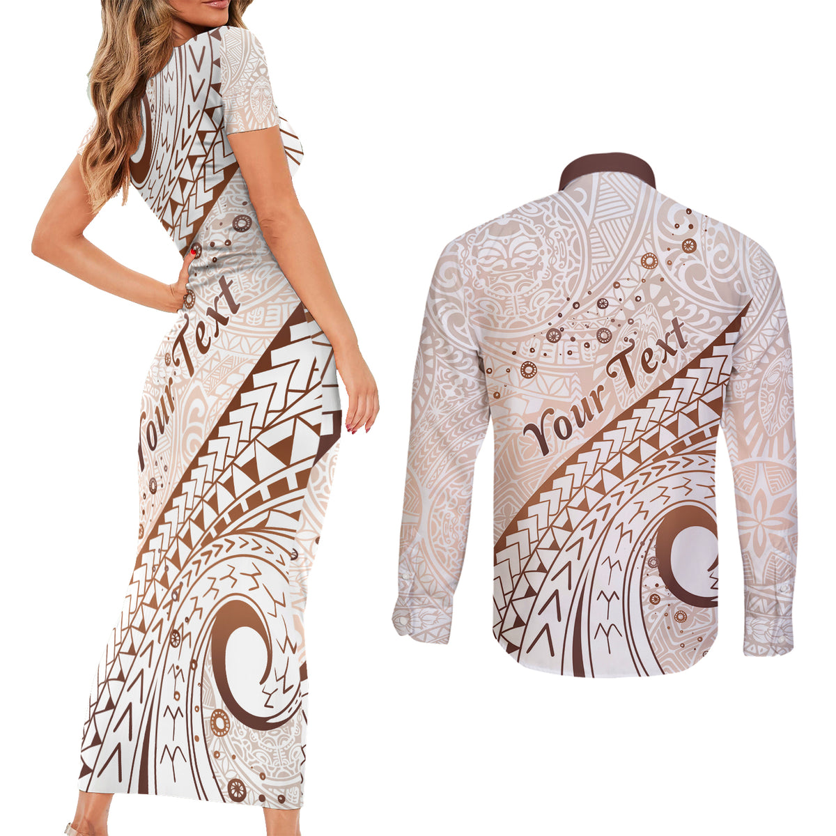 Pasifika Festival Couples Matching Short Sleeve Bodycon Dress and Long Sleeve Button Shirt Vintage Tribal Pattern LT01 - Polynesian Pride