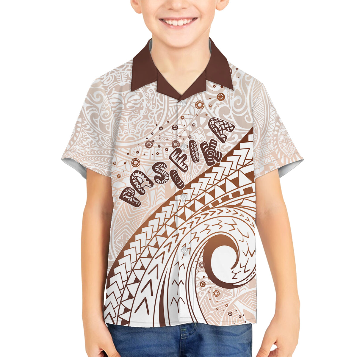 Pasifika Festival Family Matching Off Shoulder Maxi Dress and Hawaiian Shirt Vintage Tribal Pattern LT01 Son's Shirt Brown - Polynesian Pride