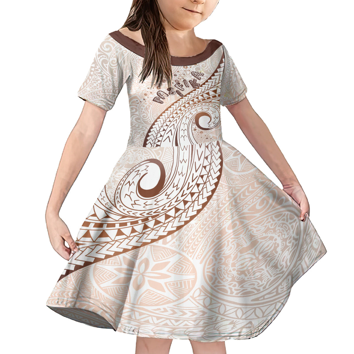 Pasifika Festival Kid Short Sleeve Dress Vintage Tribal Pattern LT01 KID Brown - Polynesian Pride