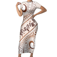 Pasifika Festival Short Sleeve Bodycon Dress Vintage Tribal Pattern LT01 Long Dress Brown - Polynesian Pride