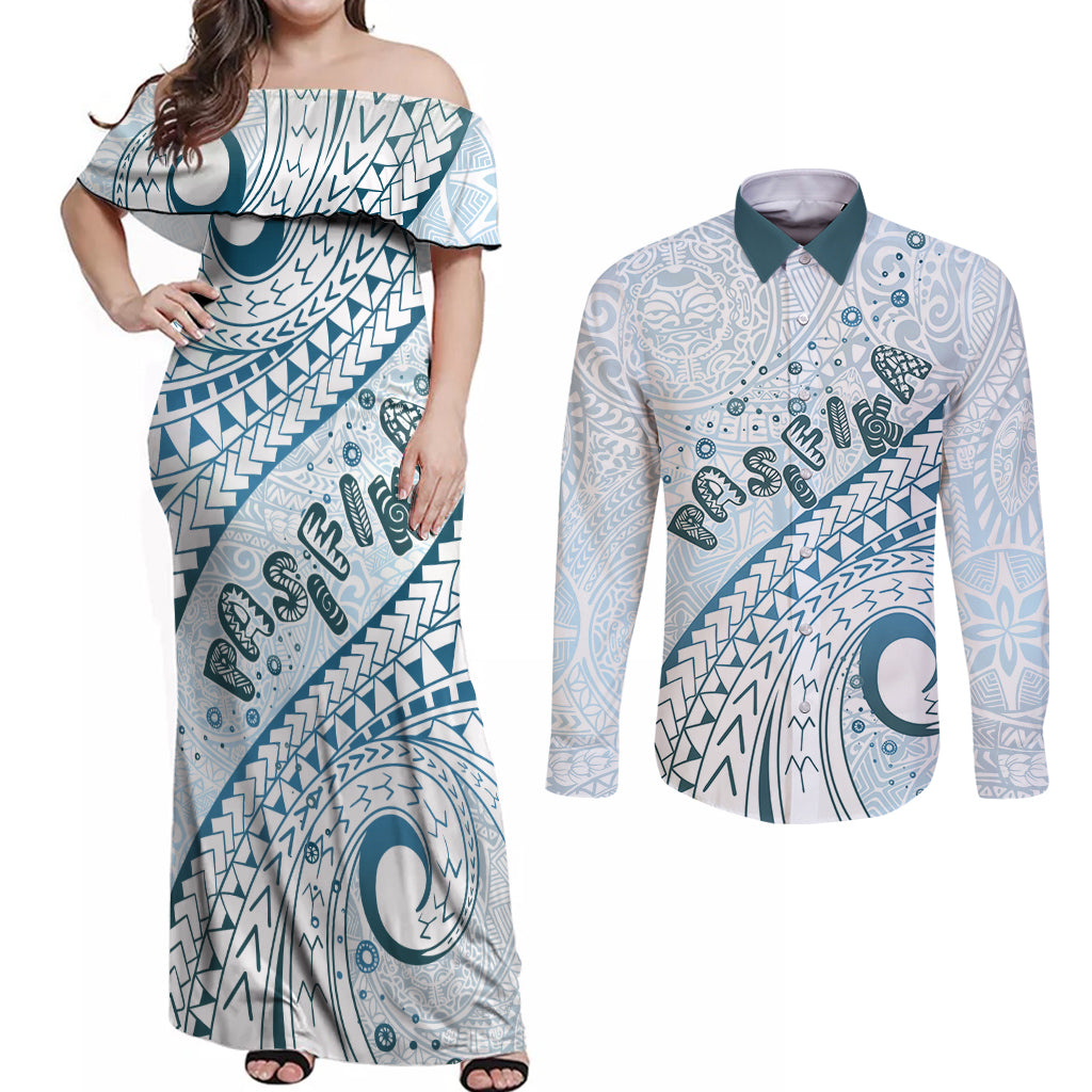 Pasifika Festival Couples Matching Off Shoulder Maxi Dress and Long Sleeve Button Shirt Tribal Pattern Blue Version LT01 Blue - Polynesian Pride