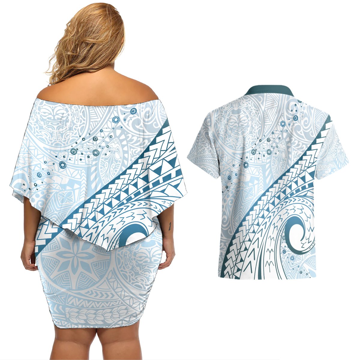 Pasifika Festival Couples Matching Off Shoulder Short Dress and Hawaiian Shirt Tribal Pattern Blue Version LT01 - Polynesian Pride