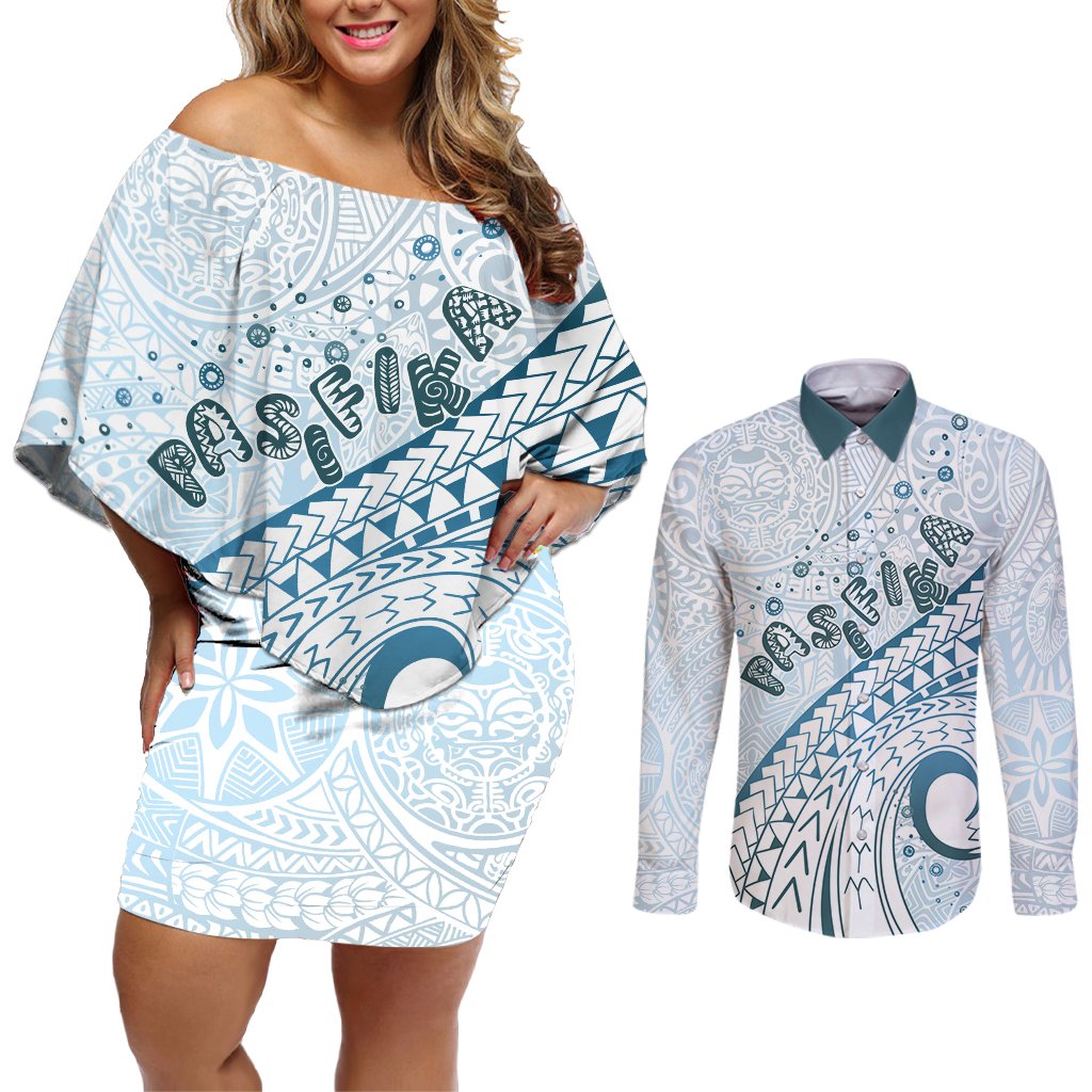 Pasifika Festival Couples Matching Off Shoulder Short Dress and Long Sleeve Button Shirt Tribal Pattern Blue Version LT01 Blue - Polynesian Pride