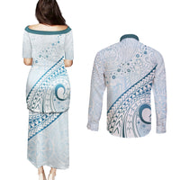 Pasifika Festival Couples Matching Puletasi and Long Sleeve Button Shirt Tribal Pattern Blue Version LT01 - Polynesian Pride