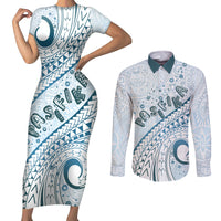 Pasifika Festival Couples Matching Short Sleeve Bodycon Dress and Long Sleeve Button Shirt Tribal Pattern Blue Version LT01 Blue - Polynesian Pride