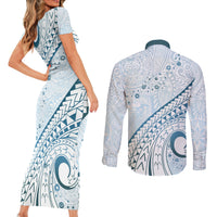 Pasifika Festival Couples Matching Short Sleeve Bodycon Dress and Long Sleeve Button Shirt Tribal Pattern Blue Version LT01 - Polynesian Pride