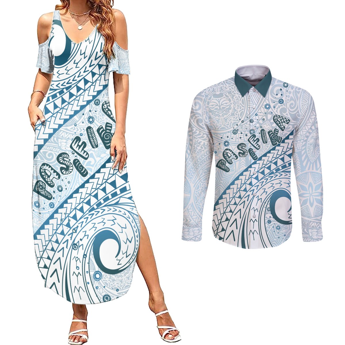Pasifika Festival Couples Matching Summer Maxi Dress and Long Sleeve Button Shirt Tribal Pattern Blue Version LT01 Blue - Polynesian Pride