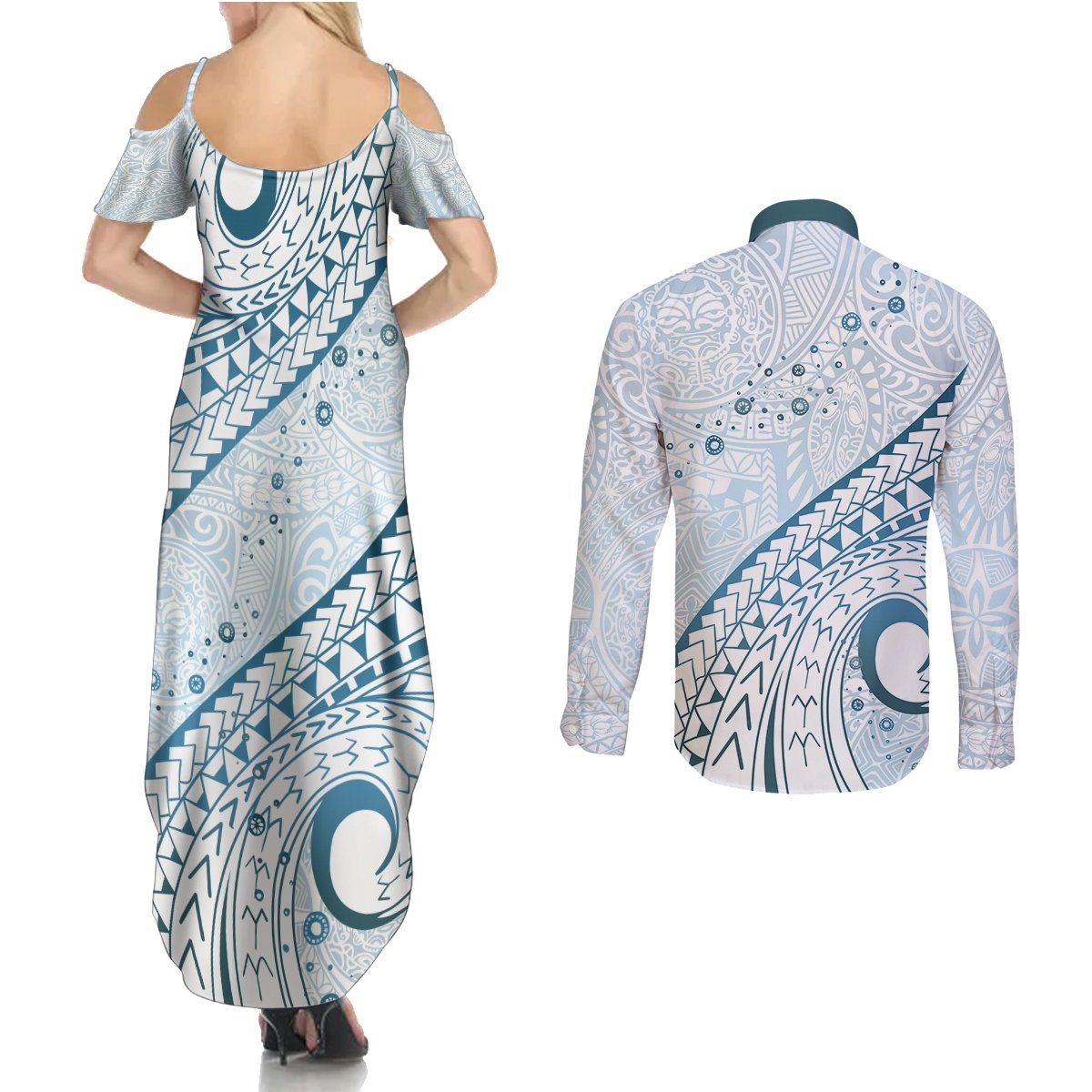 Pasifika Festival Couples Matching Summer Maxi Dress and Long Sleeve Button Shirt Tribal Pattern Blue Version LT01 - Polynesian Pride