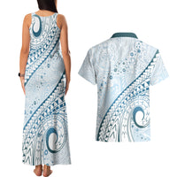 Pasifika Festival Couples Matching Tank Maxi Dress and Hawaiian Shirt Tribal Pattern Blue Version LT01 - Polynesian Pride