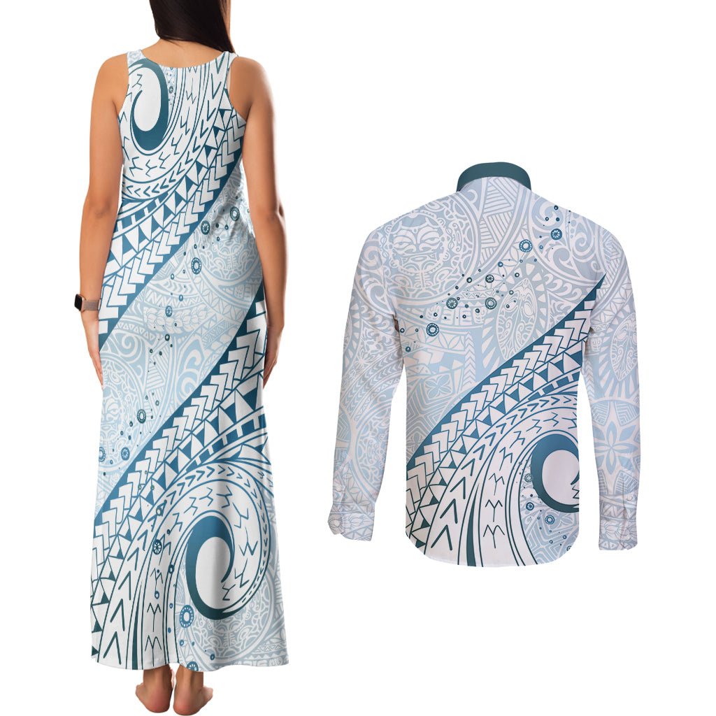 Pasifika Festival Couples Matching Tank Maxi Dress and Long Sleeve Button Shirt Tribal Pattern Blue Version LT01 - Polynesian Pride