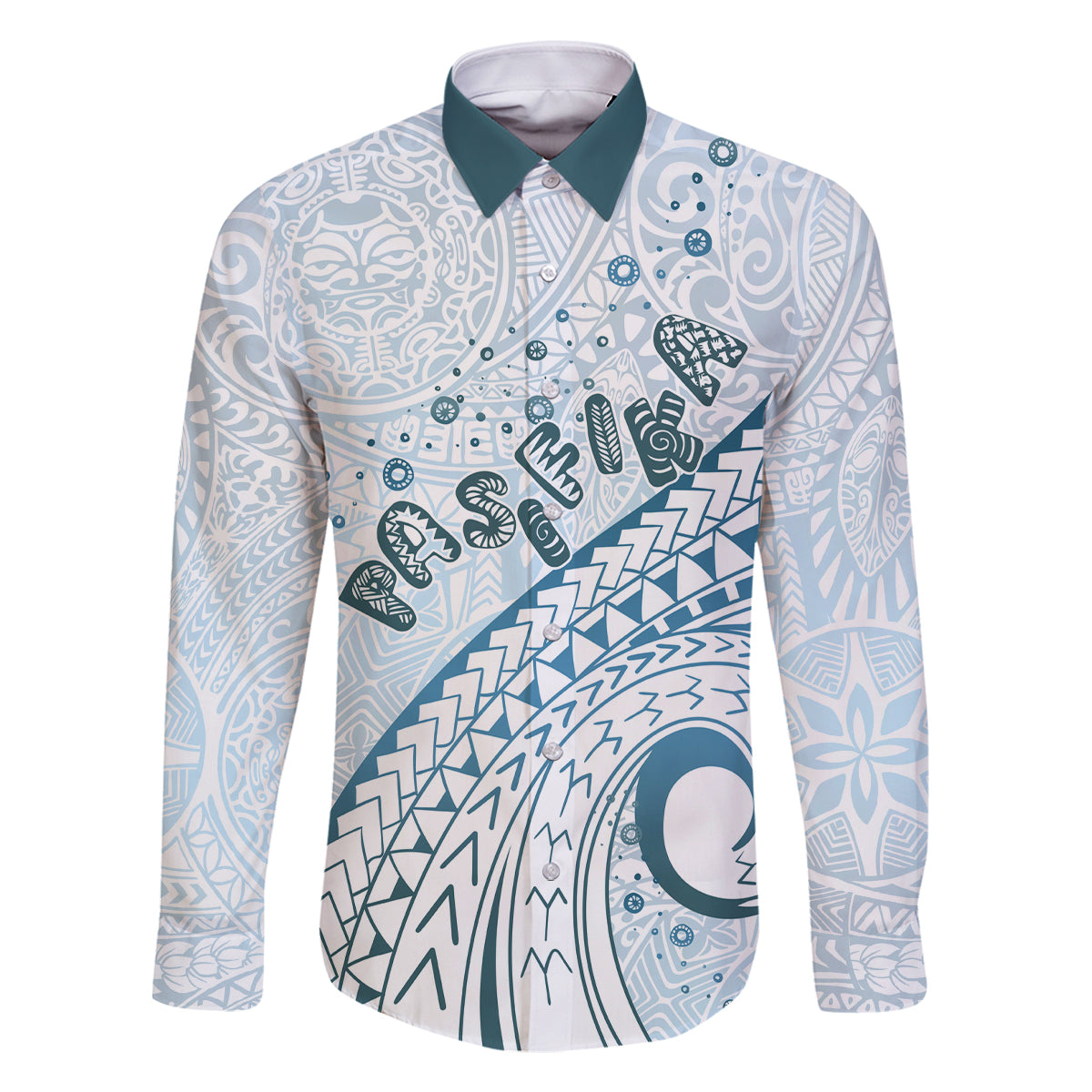 Pasifika Festival Family Matching Tank Maxi Dress and Hawaiian Shirt Tribal Pattern Blue Version LT01 Dad's Shirt - Long Sleeve Blue - Polynesian Pride