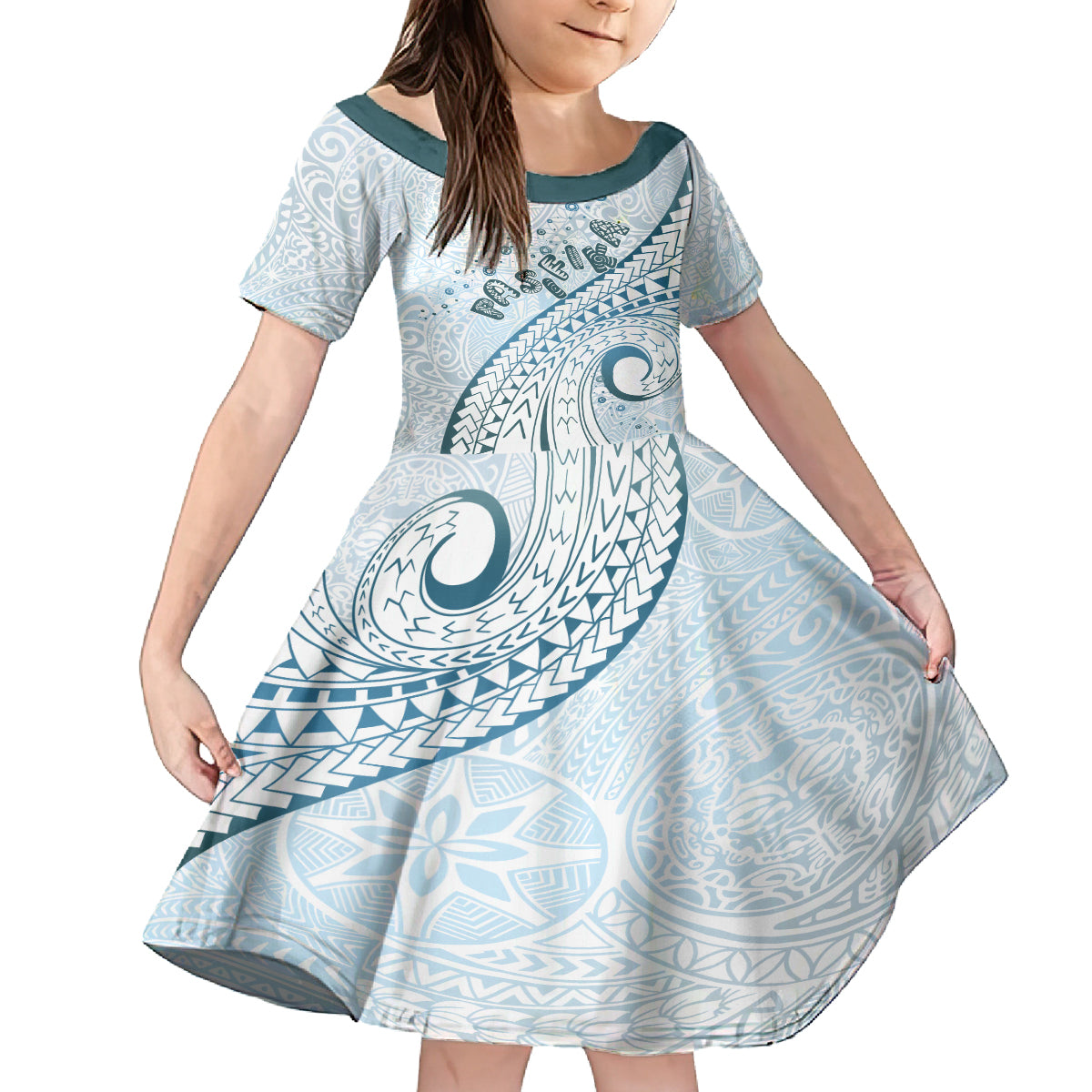 Pasifika Festival Kid Short Sleeve Dress Tribal Pattern Blue Version LT01 KID Blue - Polynesian Pride