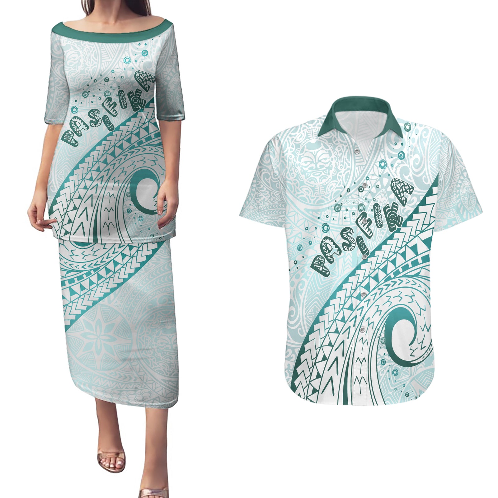 Pasifika Festival Couples Matching Puletasi and Hawaiian Shirt Tribal Pattern Teal Version LT01 Teal - Polynesian Pride