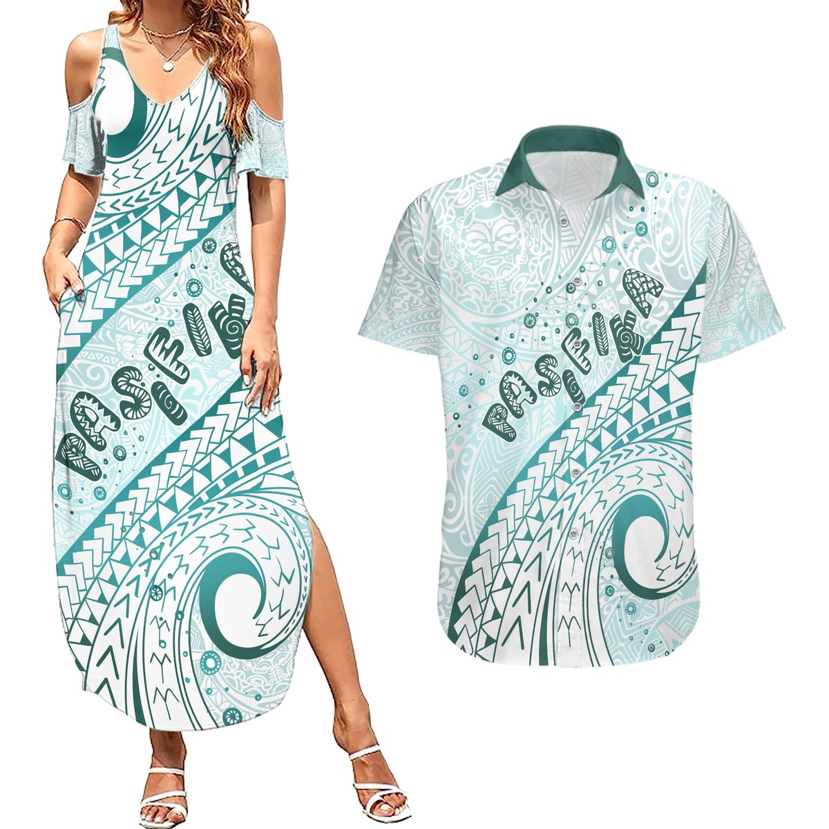 Pasifika Festival Couples Matching Summer Maxi Dress and Hawaiian Shirt Tribal Pattern Teal Version LT01 Teal - Polynesian Pride