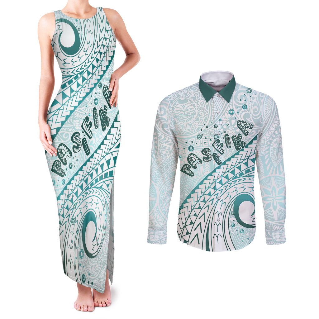 Pasifika Festival Couples Matching Tank Maxi Dress and Long Sleeve Button Shirt Tribal Pattern Teal Version LT01 Teal - Polynesian Pride