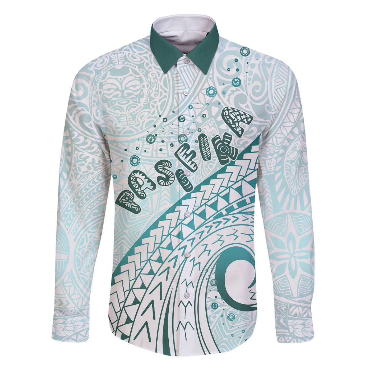 Pasifika Festival Family Matching Long Sleeve Bodycon Dress and Hawaiian Shirt Tribal Pattern Teal Version LT01 Dad's Shirt - Long Sleeve Teal - Polynesian Pride