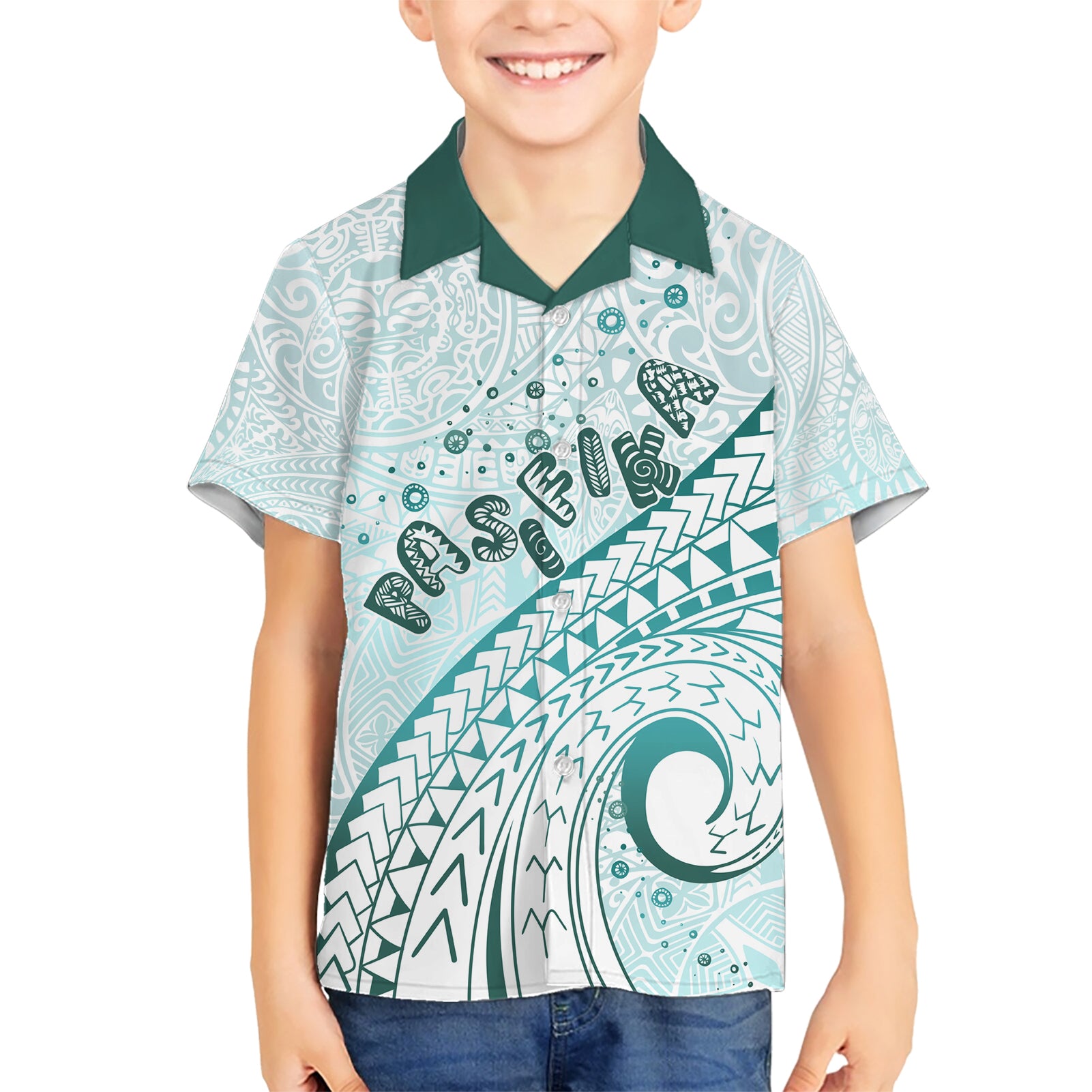 Pasifika Festival Kid Hawaiian Shirt Tribal Pattern Teal Version LT01