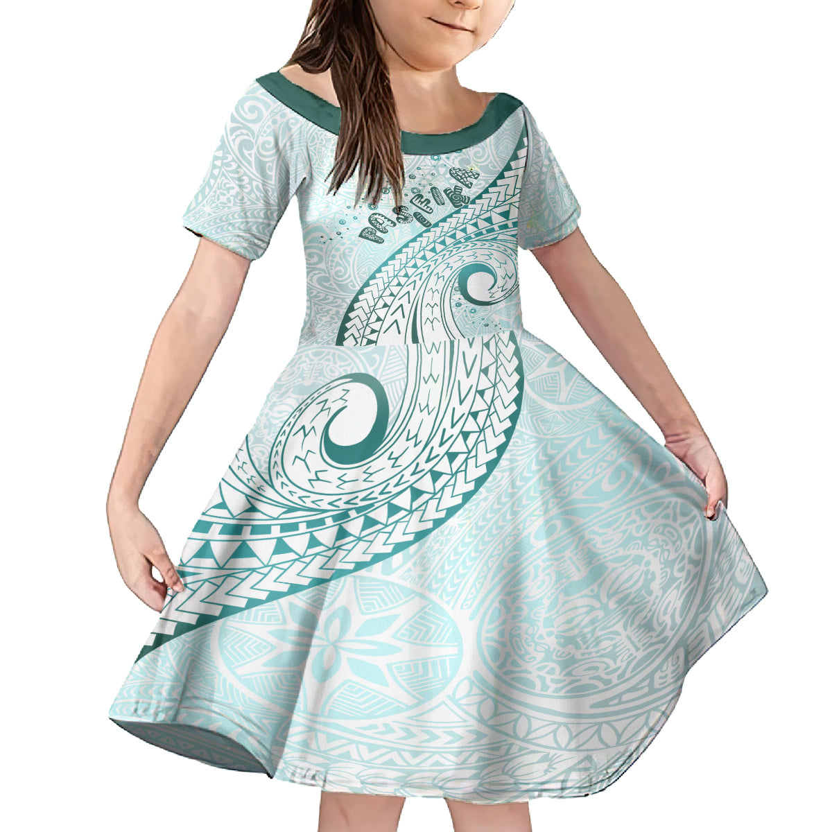 Pasifika Festival Kid Short Sleeve Dress Tribal Pattern Teal Version LT01 KID Teal - Polynesian Pride