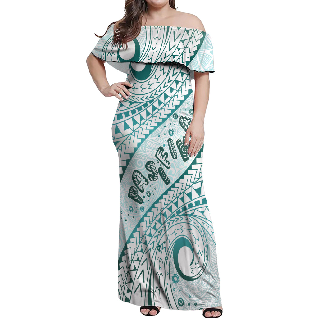 Pasifika Festival Off Shoulder Maxi Dress Tribal Pattern Teal Version LT01 Women Teal - Polynesian Pride
