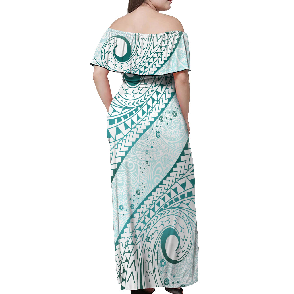 Pasifika Festival Off Shoulder Maxi Dress Tribal Pattern Teal Version LT01 - Polynesian Pride