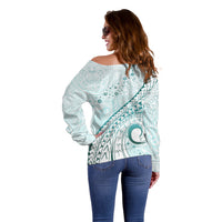 Pasifika Festival Off Shoulder Sweater Tribal Pattern Teal Version LT01