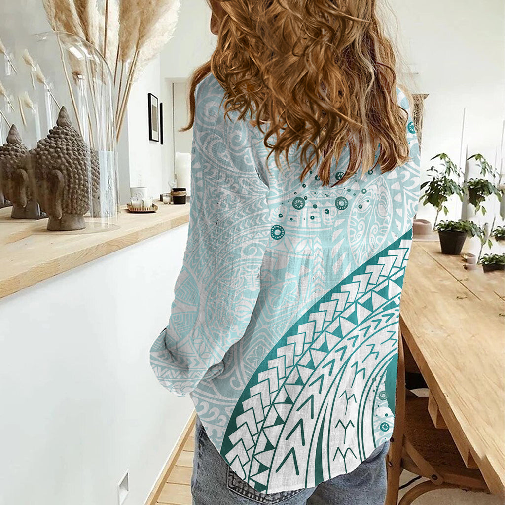 Pasifika Festival Women Casual Shirt Tribal Pattern Teal Version LT01 - Polynesian Pride