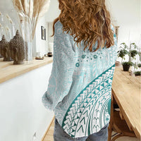 Pasifika Festival Women Casual Shirt Tribal Pattern Teal Version LT01 - Polynesian Pride