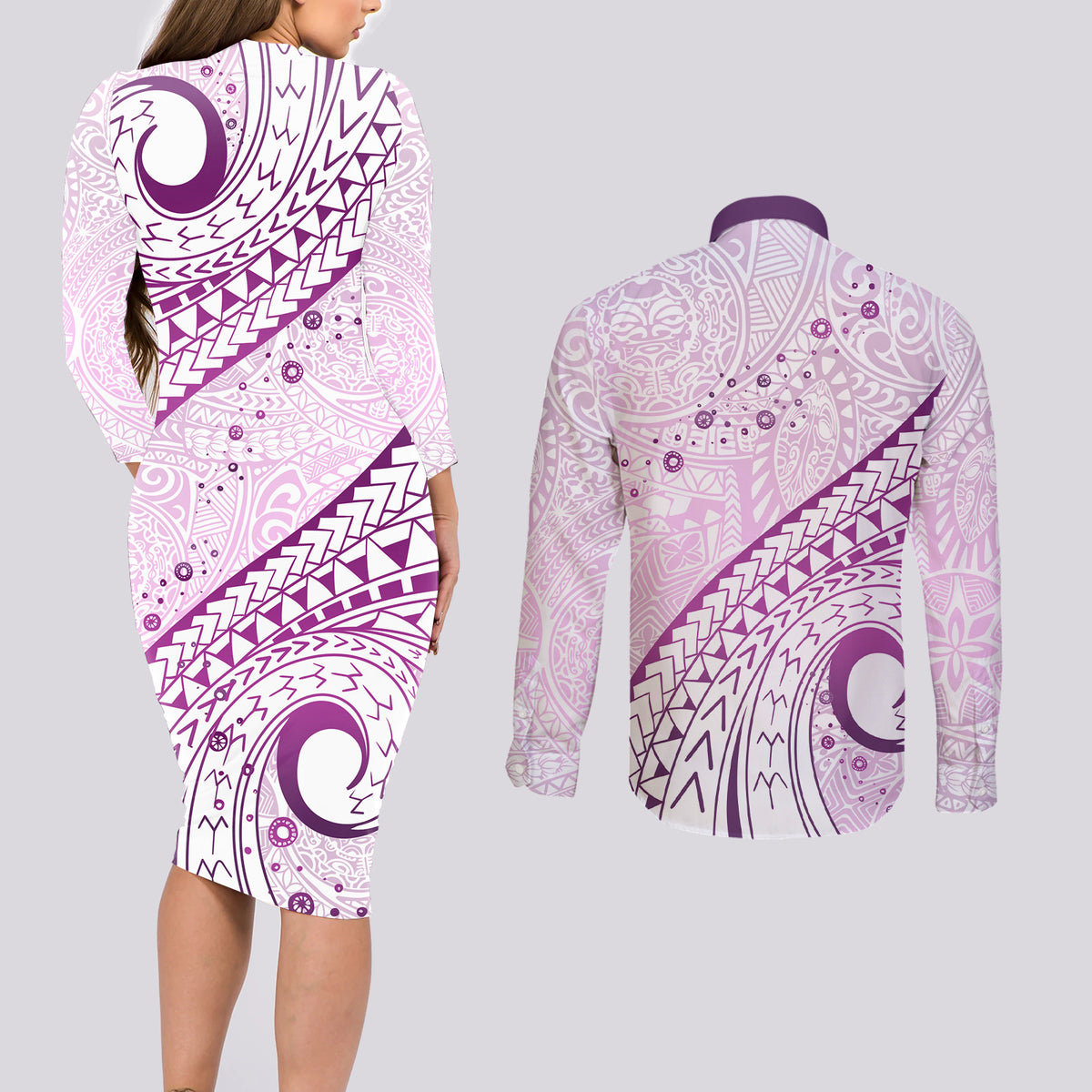Pasifika Festival Couples Matching Long Sleeve Bodycon Dress and Long Sleeve Button Shirt Tribal Pattern Lilac Version LT01 - Polynesian Pride