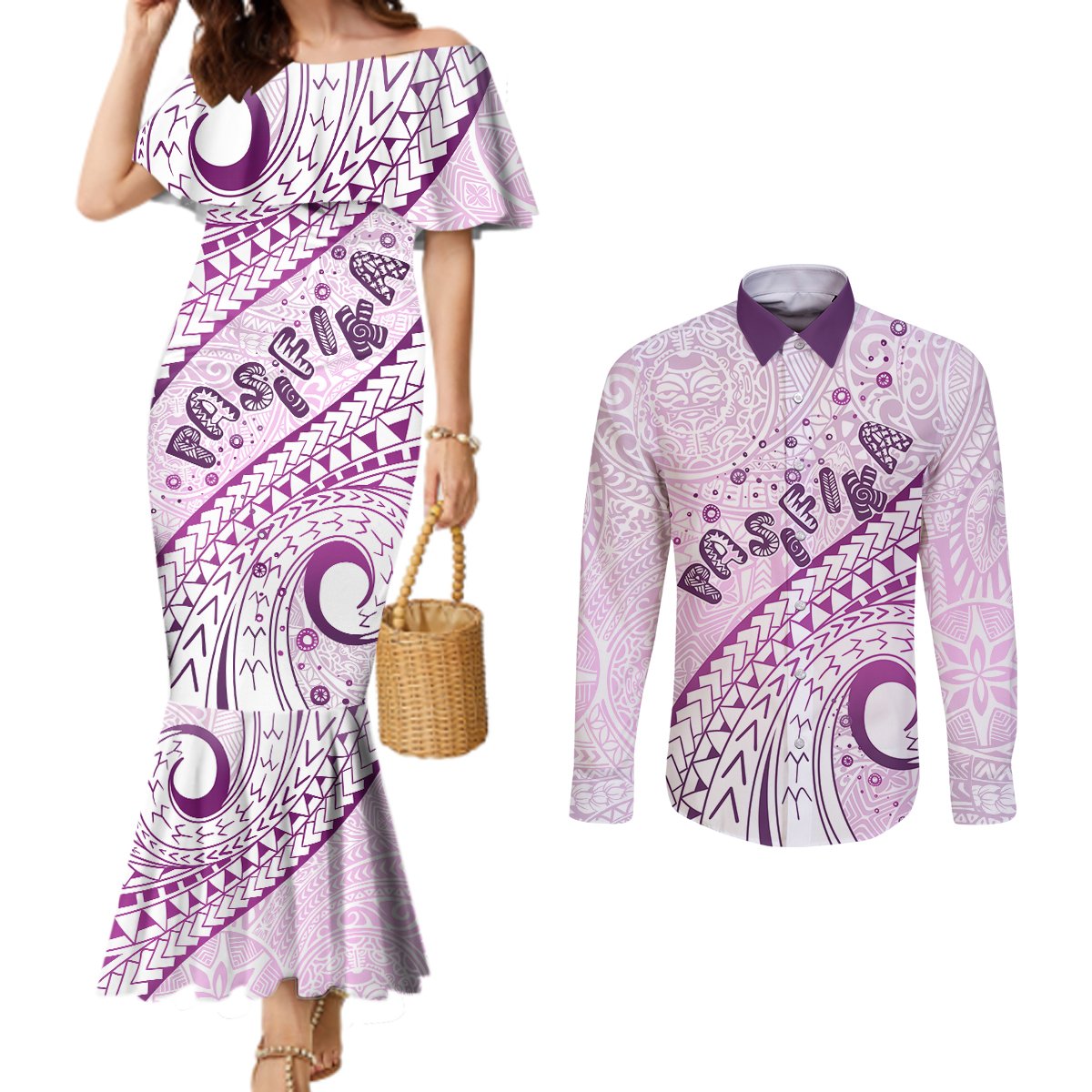 Pasifika Festival Couples Matching Mermaid Dress and Long Sleeve Button Shirt Tribal Pattern Lilac Version LT01 Purple - Polynesian Pride