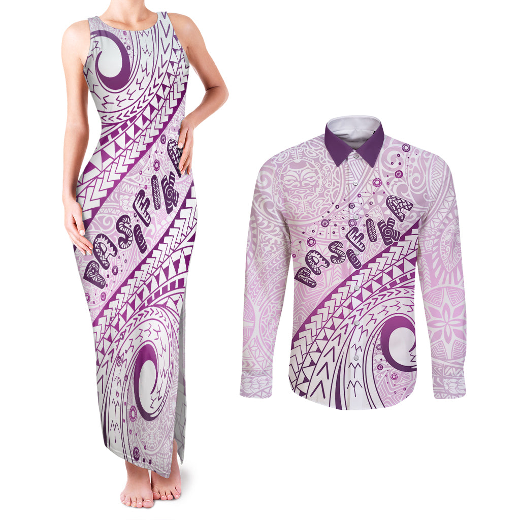 Pasifika Festival Couples Matching Tank Maxi Dress and Long Sleeve Button Shirt Tribal Pattern Lilac Version LT01 Purple - Polynesian Pride